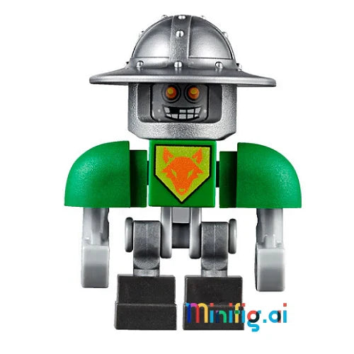 Official LEGO Nexo Knights Aaron Bot minifigure with metallic helmet, green armor & shield design. Perfect for collectors & Nexo Knights enthusiasts.