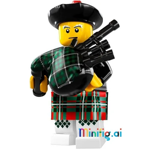 LEGO bagpiper minifigure with black tam o'shanter, red pom-pom, argyle sweater, tartan kilt, and black bagpipes accessory.