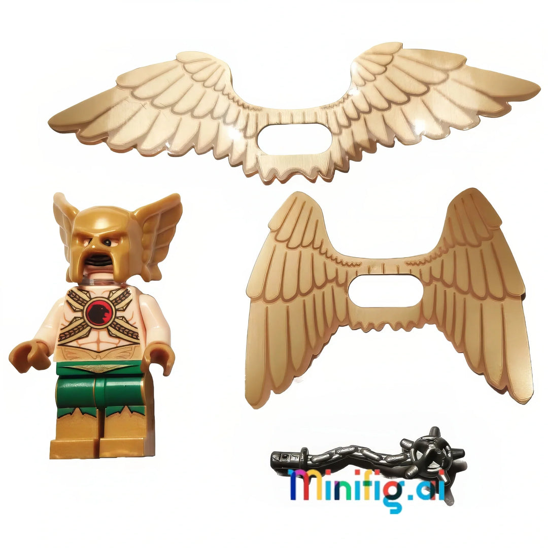 Explore LEGO Hawkman minifigure with gold helmet, angry face, chest harness, yellow wings & red gem—perfect piece for superhero fans and collectors!