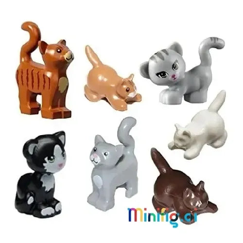 Seven cute cat minifigures in various poses and colors, perfect for LEGO animal-themed builds for kids and collectors.