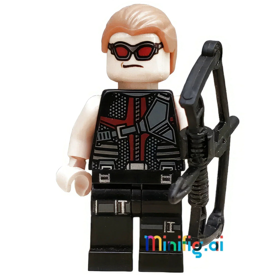 Discover the LEGO Marvel Hawkeye minifigure from set 6867! Black suit, red vest, utility belt, and big bow—perfect for superhero LEGO adventures!
