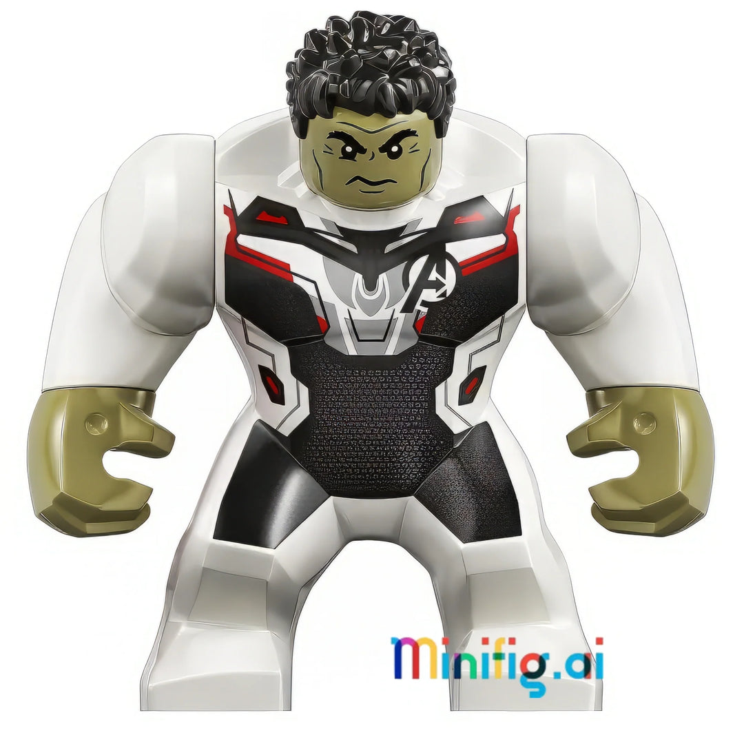 LEGO Marvel Hulk in white jumpsuit with green skin, black hair, and serious face. Add this powerful Avengers Endgame minifigure to your collection today!