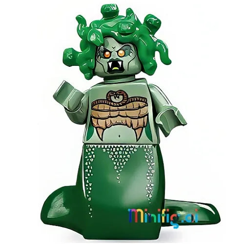 LEGO Medusa minifigure features gray face, green snake hair, scaled dress pattern, and serpentine tail piece. Perfect for mythological character.