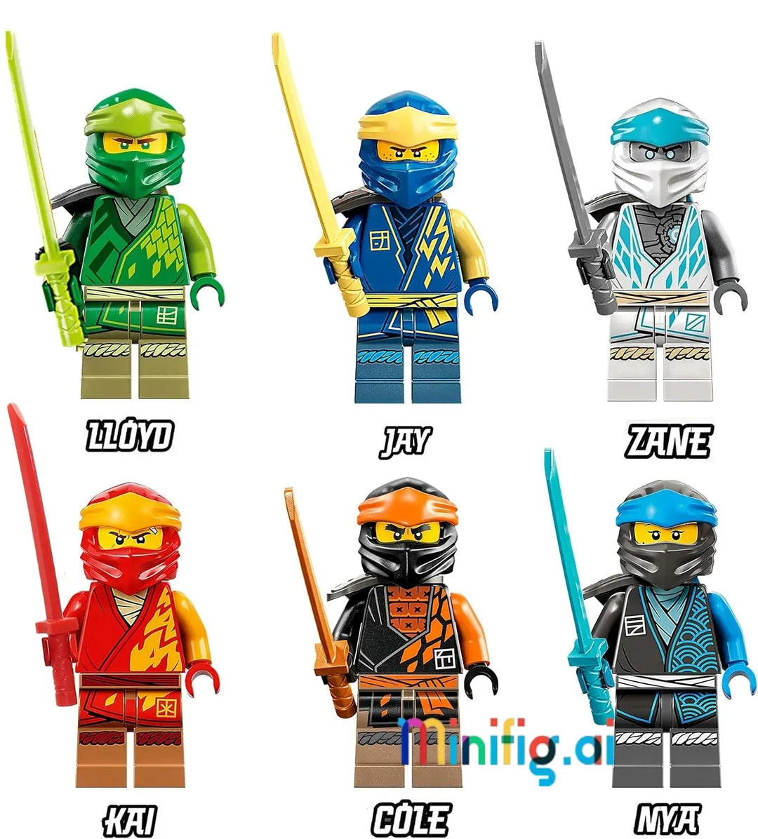 Get the LEGO Ninjago minifigures pack! Includes Lloyd, Cole, Kai, Jay, Zane, and Nya in cool ninja outfits. Ninja heroes for awesome LEGO adventures!