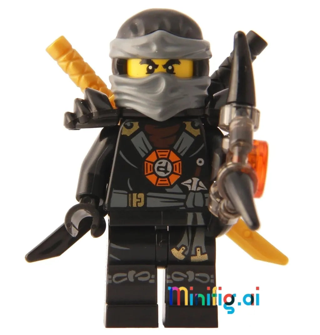 LEGO Ninjago Cole Deepstone minifigure has a serious face, deep black rocky armor, silver symbols, and dual katanas—perfect for brave ninja fans!