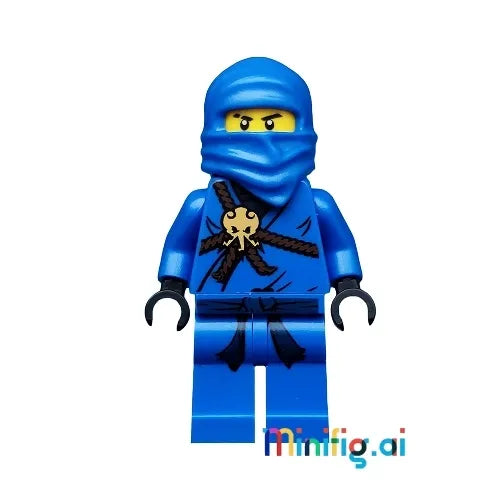 Lego Ninjago Jay minifigure with blue ninja outfit, gold accents, detailed face print, and confident expression as the Lightning Ninja