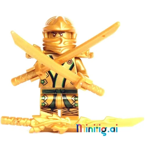 Discover the LEGO Lloyd Gold Ninja minifigure with a majestic gold suit, green detailing, golden mask, shoulder armor, and dual katanas.