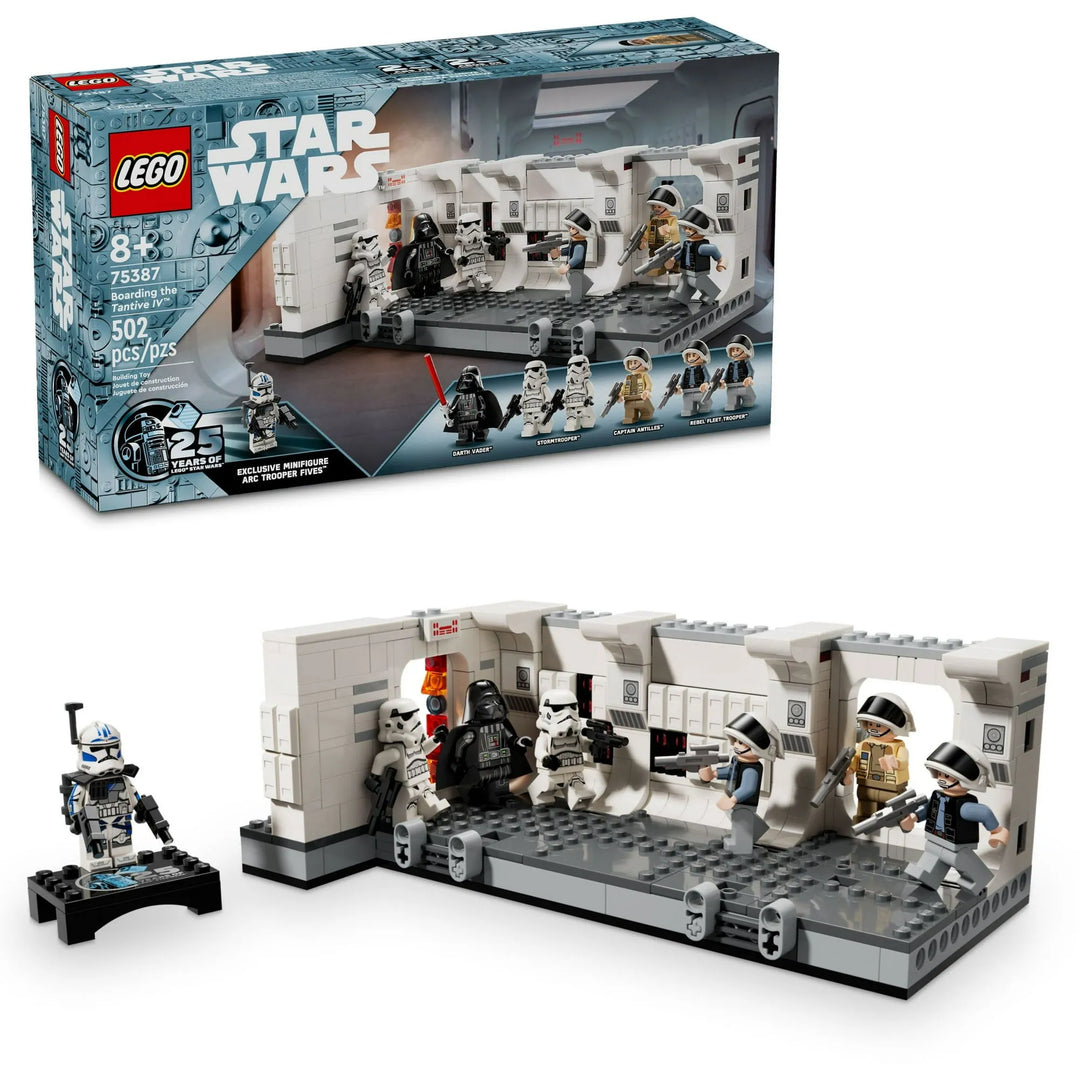 LEGO Star Wars 75387: Iconic Tantive IV boarding scene. Detailed corridor, 7 minifigs. Blast-open door, topple figures. 25th Anniversary set, 8+.