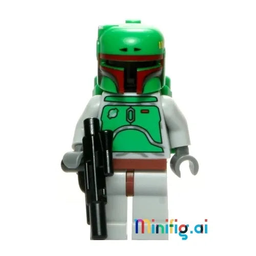 LEGO Star Wars Boba Fett minifigure has a serious and grinning face, green and brown armor, detailed gadgets, and a blaster—perfect for fans and collectors!