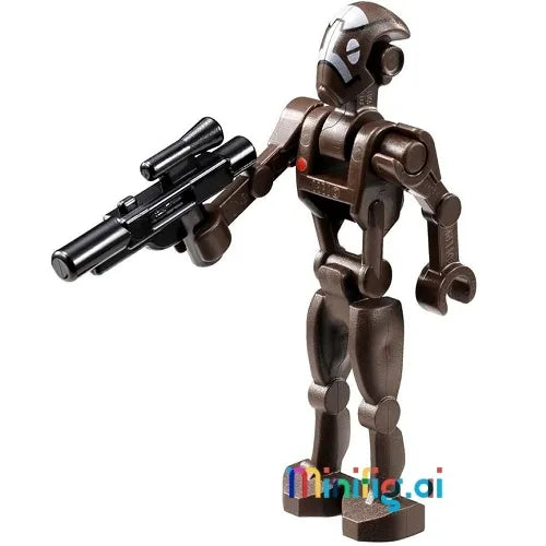 LEGO Star Wars Commando Droid Captain minifigure has a serious robotic face, brown armor with mechanical details, and a blaster—perfect for Star Wars fans!