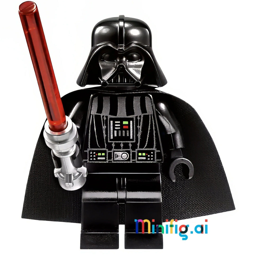 LEGO Star Wars Darth Vader minifigure with black armor, red lightsaber, and cape. Add this iconic villain to your collection today!