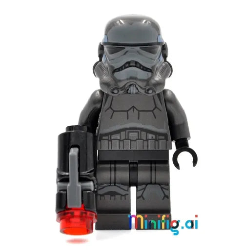 The LEGO Imperial Shadow Stormtrooper has black helmet, torso, and legs with prints. Light nougat head, stern face, with blaster exclusive set 75079.