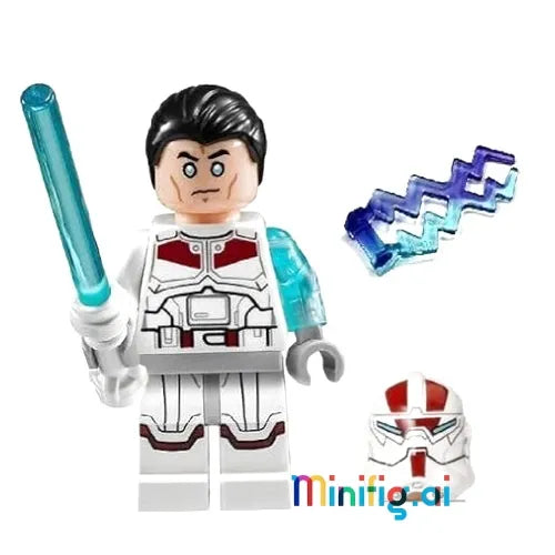 LEGO Star Wars Jek-14 minifigure has a serious face, glowing blue lightning bolts, black and gray armor, and a white lightsaber—must-have for collectors!