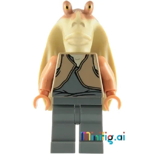 Find the LEGO Star Wars Jar Jar Binks minifigure from set 75080! Colorful Gungan with tan vest, perfect for kids and collectors. Star Wars LEGO fun.