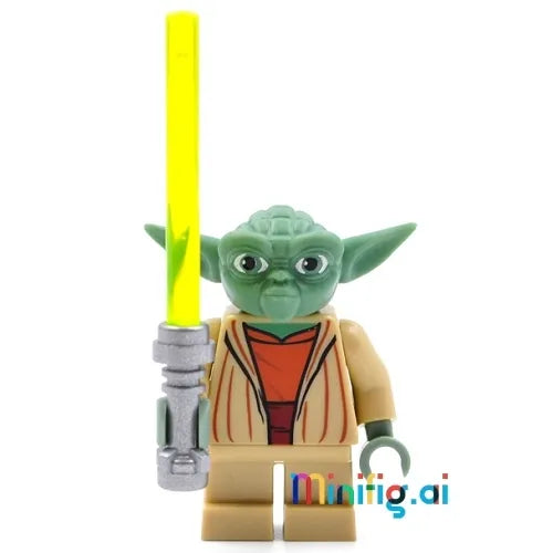 LEGO Yoda, Star Wars Yoda minifigure, Jedi Master Yoda, green LEGO minifigure, Yoda lightsaber, Star Wars collectible, LEGO Jedi robe, Yoda face details, LEGO Star Wars figure, Dagobah Yoda