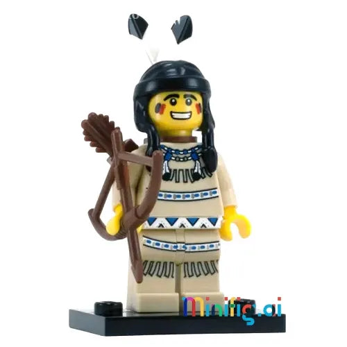 LEGO Tribal Hunter Series 1: tribal face paint, feathered headdress, animal skin torso, cloth legs, bow & arrow, and bone necklace.