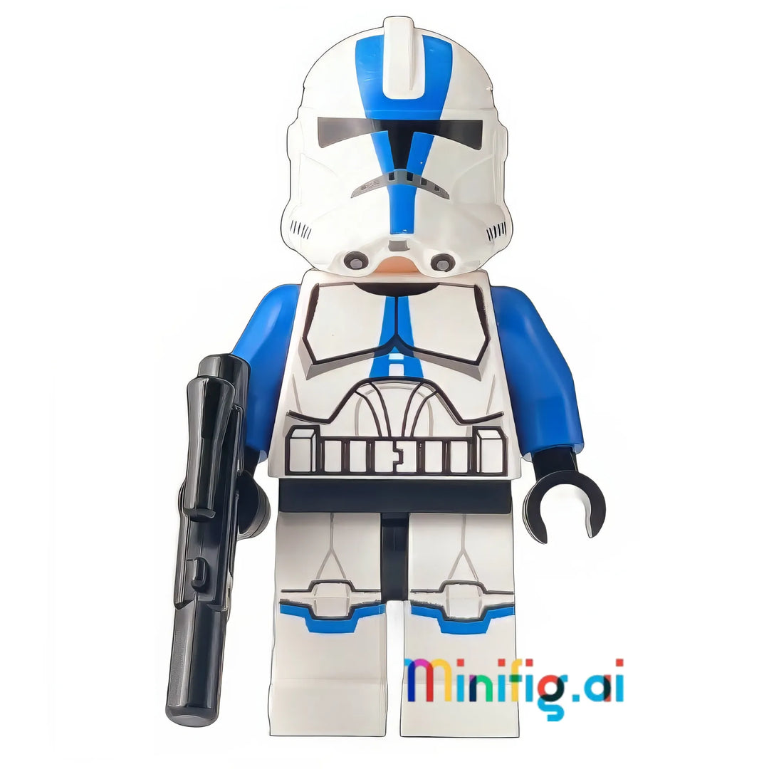 LEGO Star Wars 501st Clone Trooper minifigure with detailed white and blue armor, helmet, blaster, and battle stance for Clone Wars fans.