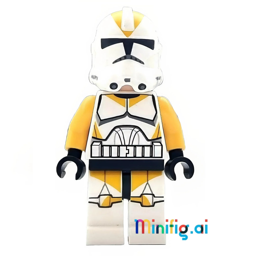 LEGO Star Wars Clone Trooper minifigure with yellow-accented armor. Features detailed helmet, geometric patterns, and battle-ready stance.
