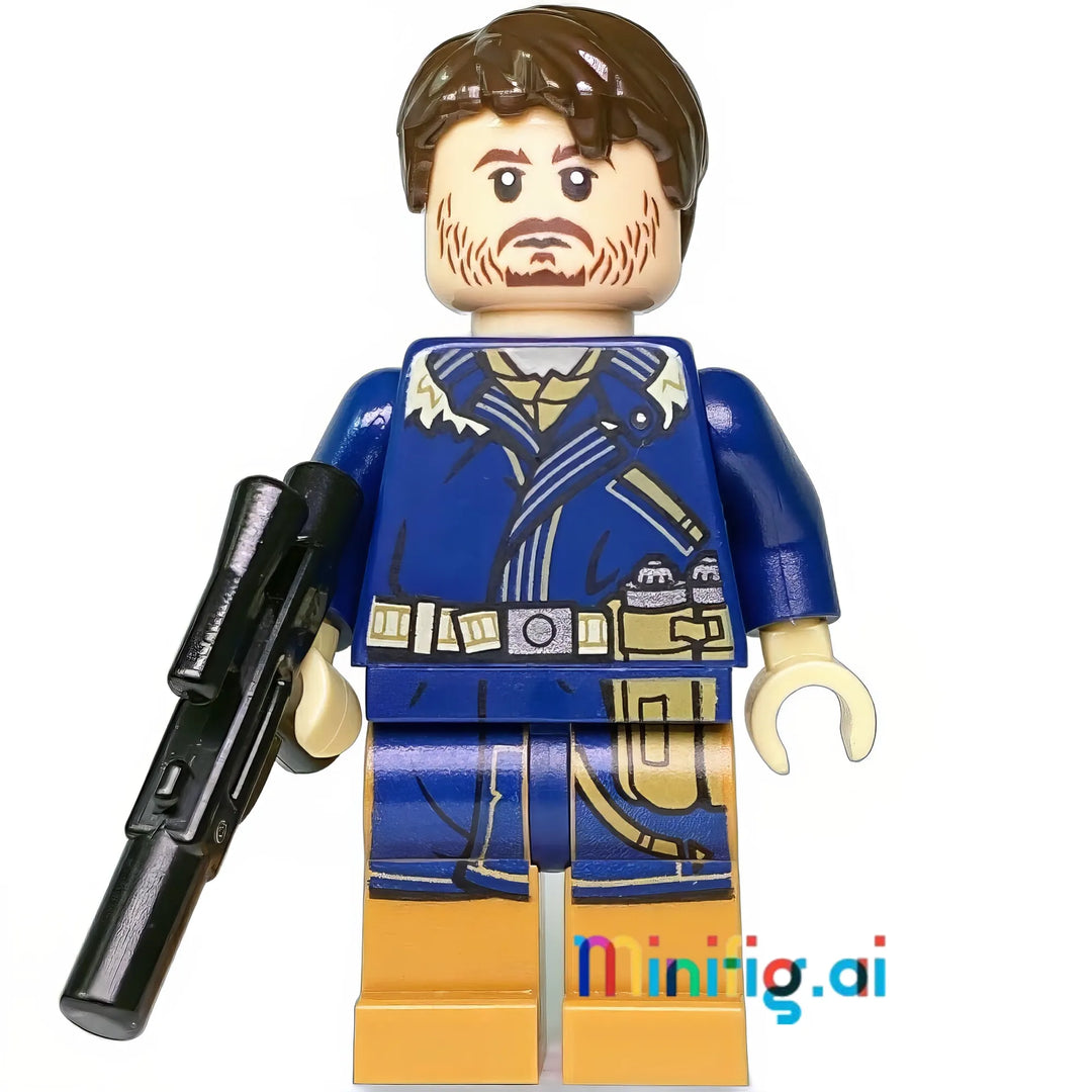 LEGO Star Wars Cassian Andor minifigure with detailed blue jacket, realistic face, utility belt, and blaster for Rogue One fans