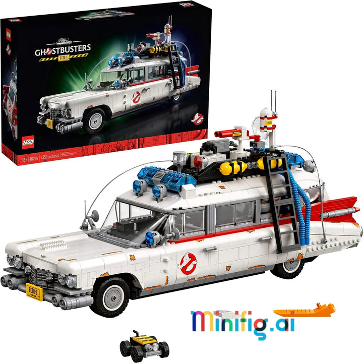 LEGO Ghostbusters Ecto-8 building set shown with the retail box and assembled model car on a white background. The white toy car has red and blue details, black wheels, and a Ghostbusters logo on the side.