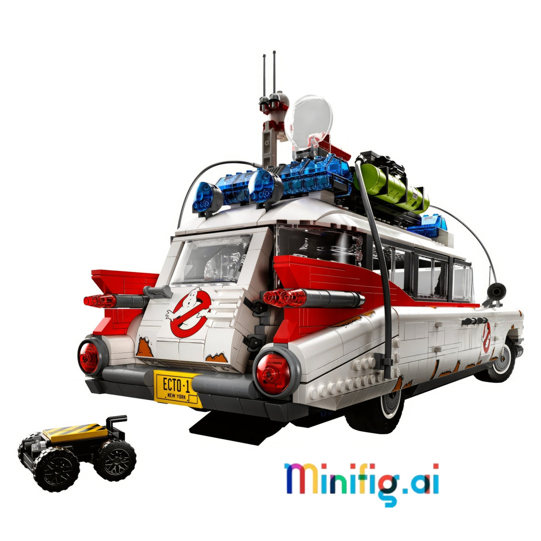 A Ghostbusters-themed building block model of the Ecto-1 station wagon.