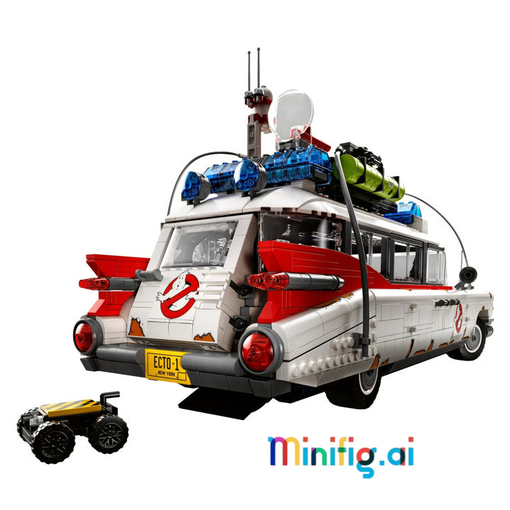 A Ghostbusters-themed building block model of the Ecto-1 station wagon.