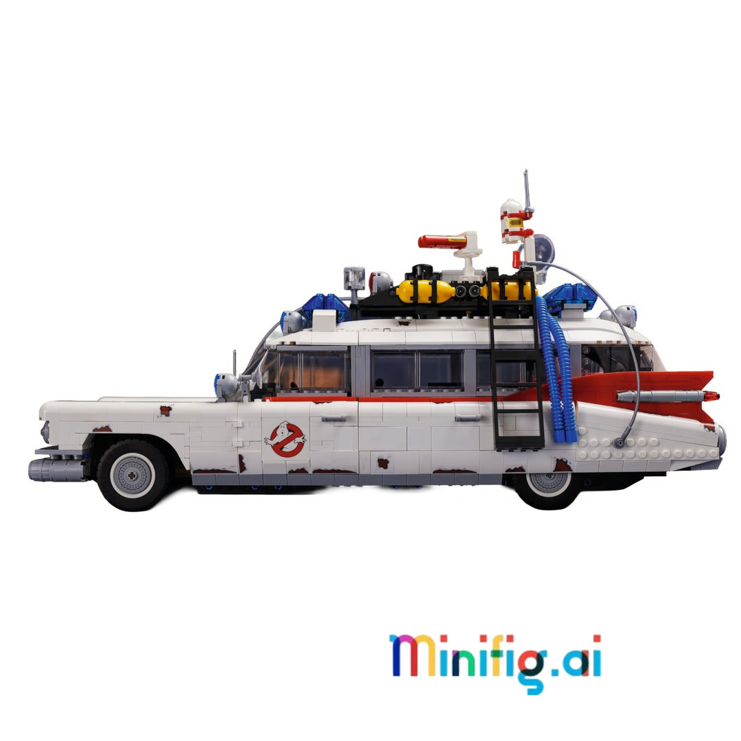A LEGO Ghostbusters Ecto-88 model car in white, red, and gray, featuring its iconic ghost emblem and various equipment on top.