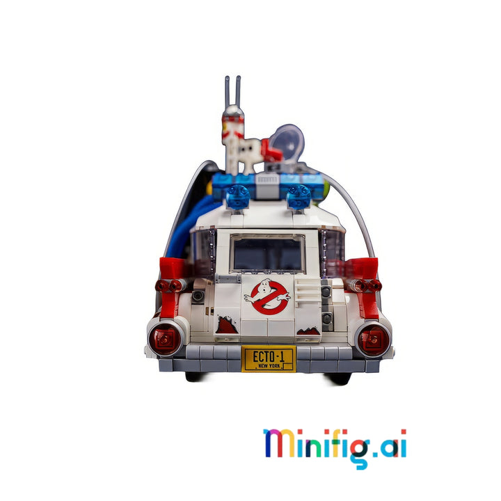 A LEGO Ghostbusters Ecto-1 building set shown from the rear view.