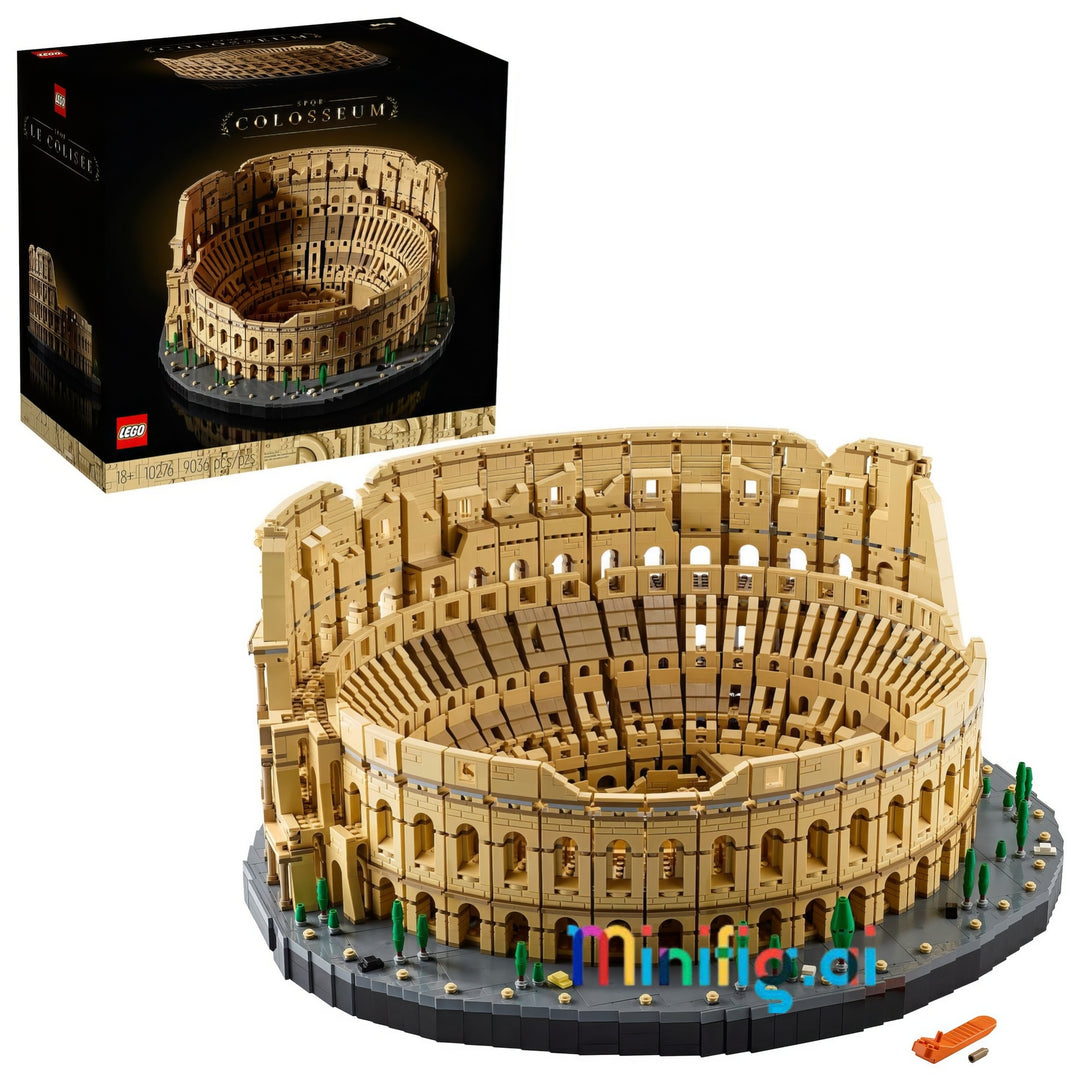 LEGO Architectos Scopusseum Colosseum building set shown with its black retail box and the assembled model on a white background. The set includes a detailed tan and brown Colosseum structure on a dark base with small multicolored accessory pieces.