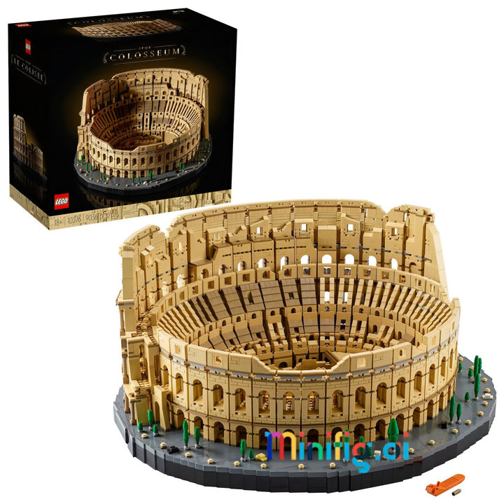 LEGO Architectos Scopusseum Colosseum building set shown with its black retail box and the assembled model on a white background. The set includes a detailed tan and brown Colosseum structure on a dark base with small multicolored accessory pieces.