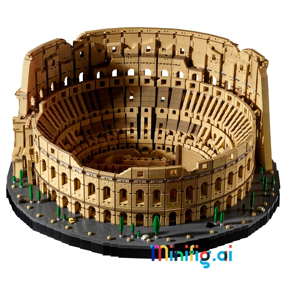 A detailed LEGO-style model of the Colosseum in Rome, shown from an elevated angle on a plain white background. The structure is primarily tan and brown with dark gray interior floors and a black base, accented with small green trees and gold details.