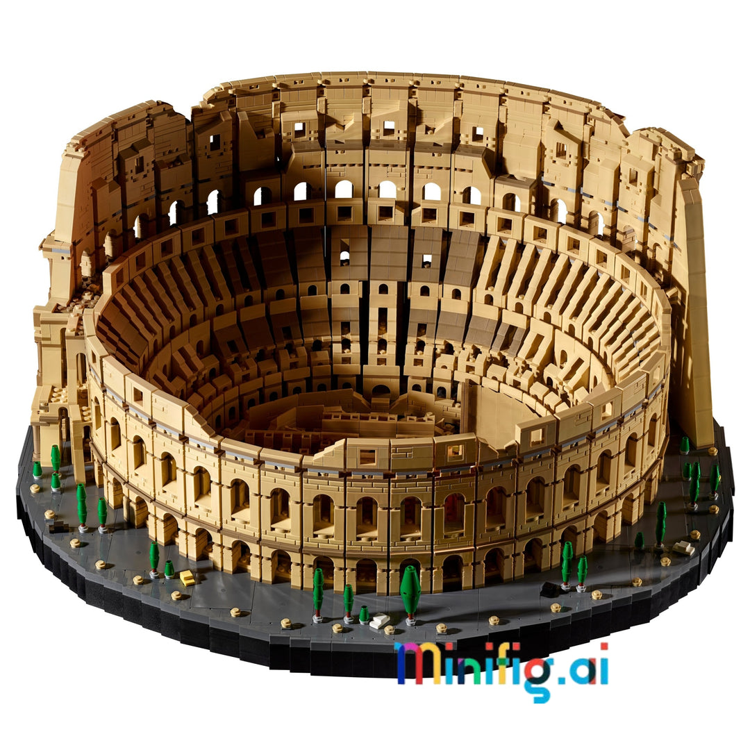 A detailed LEGO-style model of the Colosseum in Rome, shown from an elevated angle on a plain white background. The structure is primarily tan and brown with dark gray interior floors and a black base, accented with small green trees and gold details.
