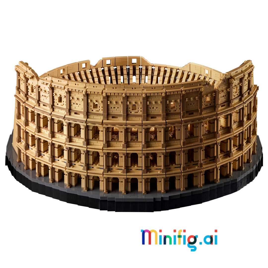 A miniature golden-brown model of the Colosseum built from interlocking blocks, displayed on a black circular base against a solid white background, with a 'minifig.ai' watermark at the bottom.