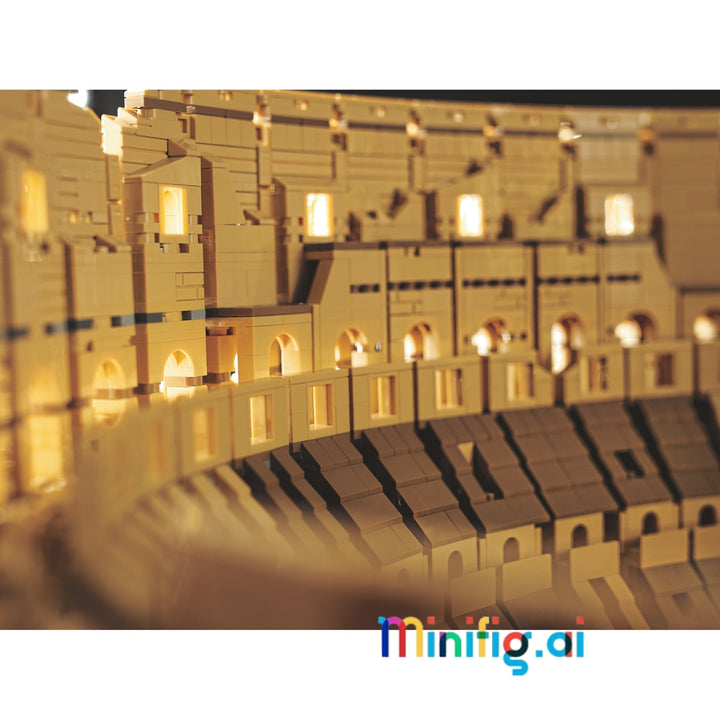 A close-up of a miniature toy structure resembling an ancient arena or amphitheater, built from beige and brown blocks with warm yellow lights glowing from the windows. The image has a white border with a 'minifig.
