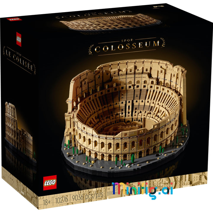 LEGO Colosseum building set box, showing a detailed model of the Roman amphitheater on a black background with gold lettering and LEGO branding.