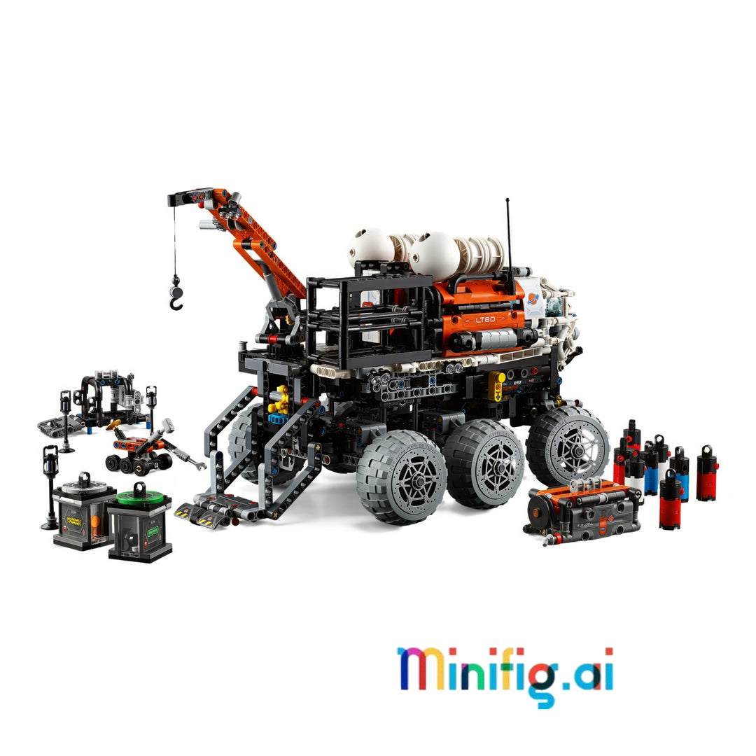 A detailed LEGO Technic model of a rugged off-road vehicle with an attached crane.