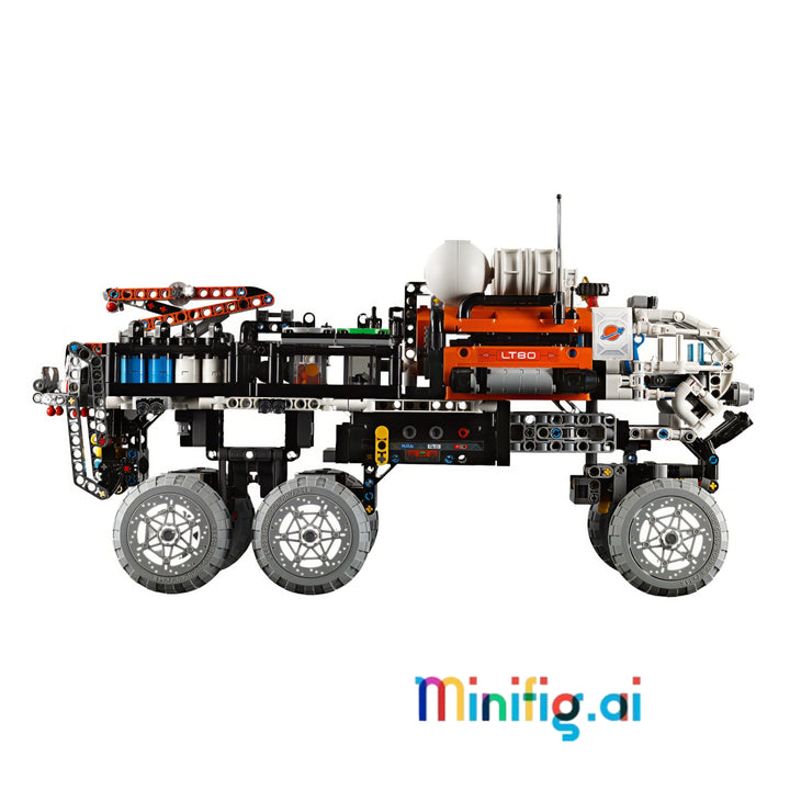 A LEGO Technica LT80 crawler truck built with black, gray, and orange components.