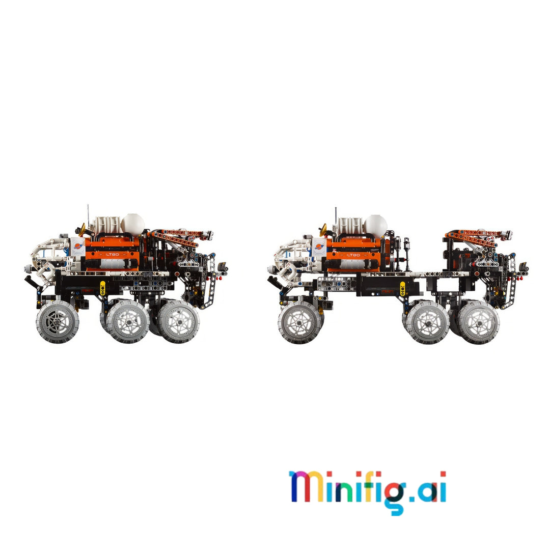 Two side-by-side views of a Minifig.ai robotic construction vehicle model, featuring an orange and black chassis with six wheels.