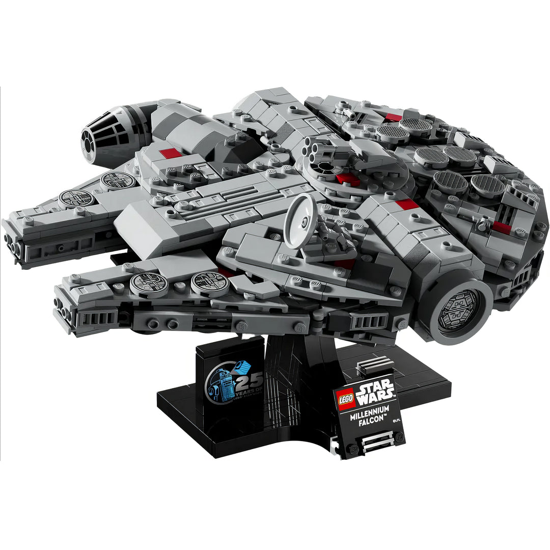 Build iconic LEGO Star Wars 75375 Millennium Falcon! Mid-scale model with authentic details, display stand, and 25th anniversary brick. Perfect for adult collectors.