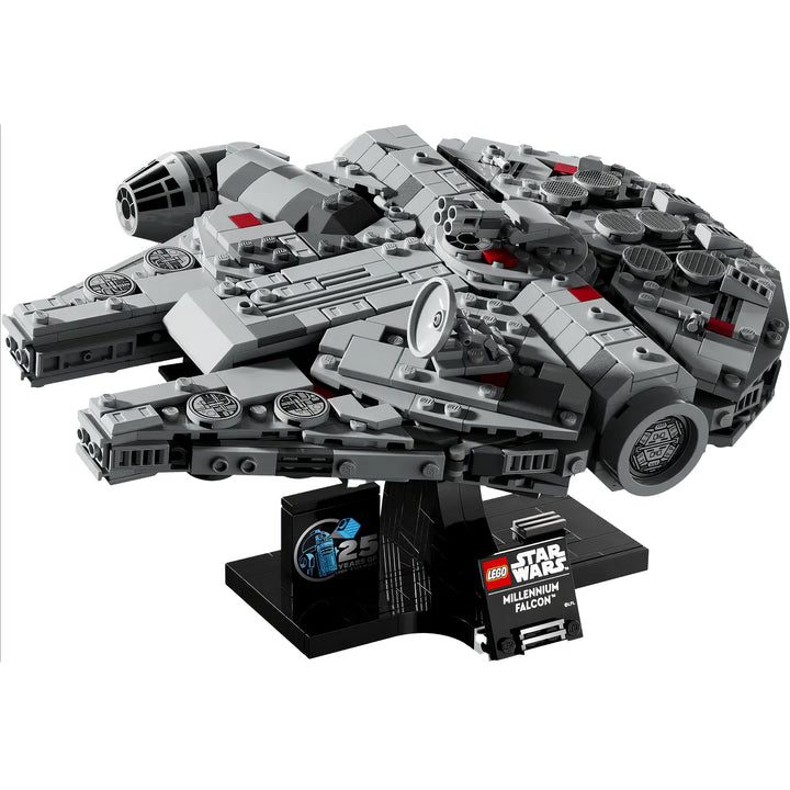 Build iconic LEGO Star Wars 75375 Millennium Falcon! Mid-scale model with authentic details, display stand, and 25th anniversary brick. Perfect for adult collectors.