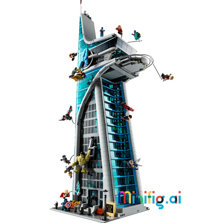 A detailed LEGO-style skyscraper building set with multiple minifigures climbing and hanging around the structure, shown on a plain white background with a small 'minifig.ai' watermark at the bottom right.