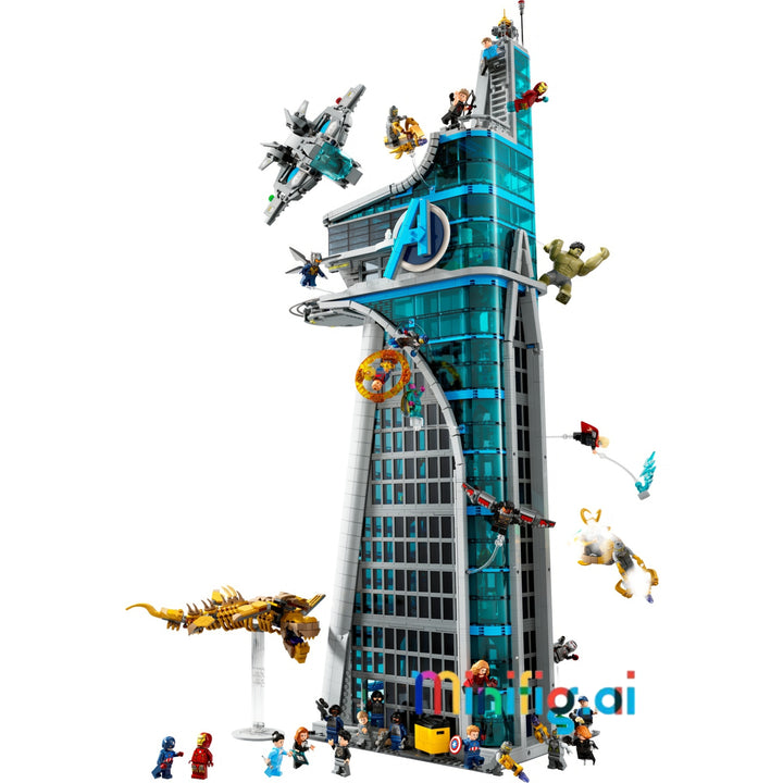 A highly detailed Avengers-themed building block set featuring a tall skyscraper with the Avengers logo, flying cars, and multiple minifigures on a plain white background.