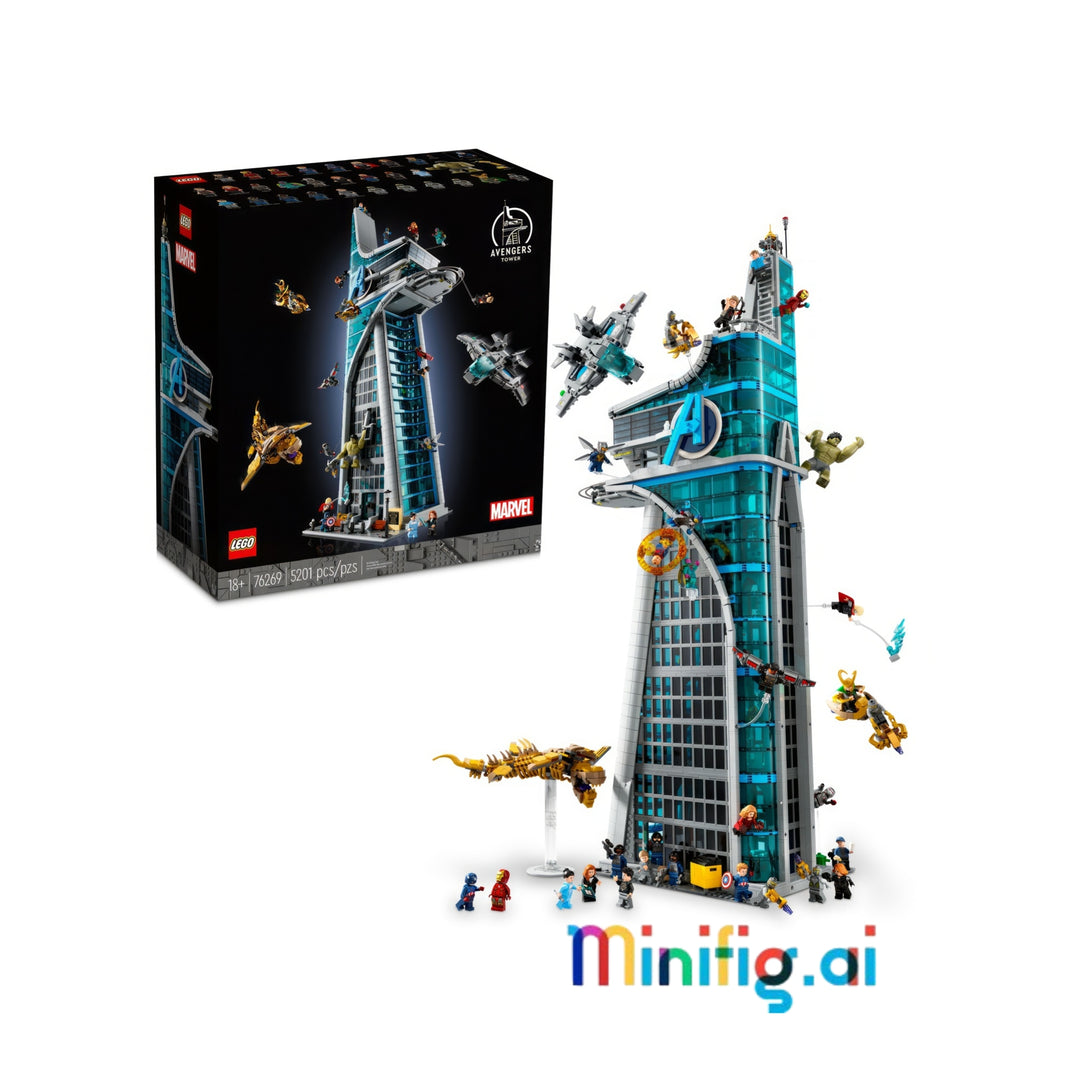 LEGO Marvel Avengers Assemble toy set showing the assembled Avengers Tower with flying and hanging superheroes, alongside the retail box on a white background. Visible brands include LEGO and Marvel.