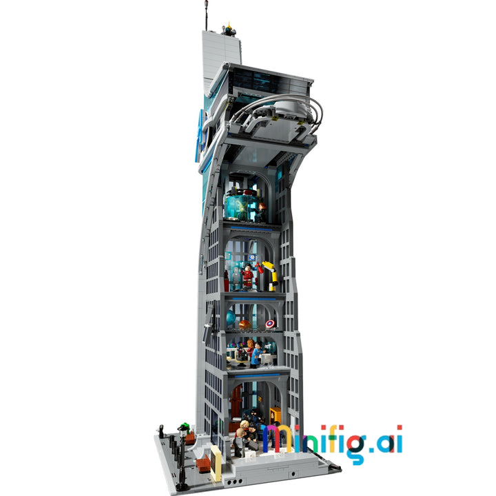 A tall, multi-story futuristic tower building set with detailed gray, white, and blue sections, featuring small minifigures and colorful accents inside the structure, shown on a plain white background with a visible minifig.ai watermark.
