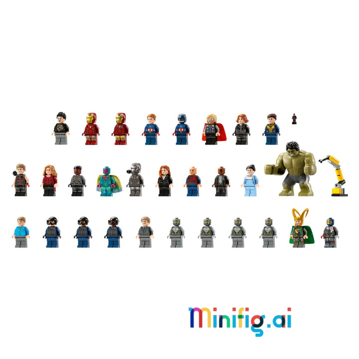 A set of small LEGO-style minifigures arranged in rows on a white background, with a colorful 'minifig.ai' logo at the bottom.