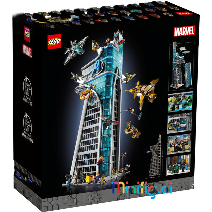 LEGO Marvel Avengers-themed skyscraper building set box, showing a tall blue and gray tower with flying vehicles and small character figures on a black background.