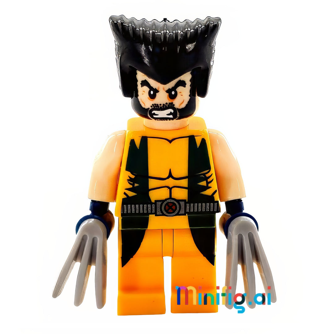 LEGO Marvel Super Heroes Wolverine Minifigure with Pearl Gold Chitauri LScepter from set 6866, bricklink sh0017, Front View, B007BFMVHC