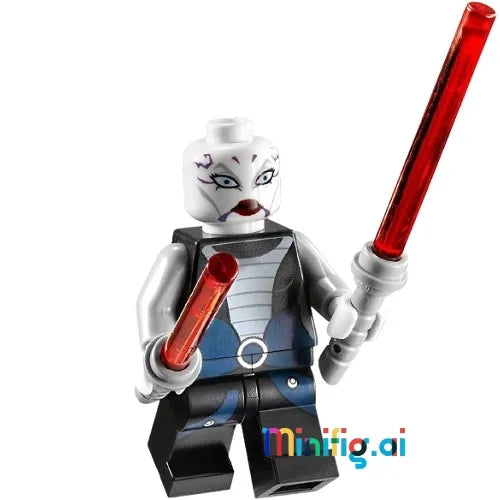LEGO Star Wars Asajj Ventress sw0318: Detailed minifig photos. Bald head, pale skin, dark markings. Black Sith attire. Dual red lightsabers. #LEGOStarWars #CloneWars #SithAssassin