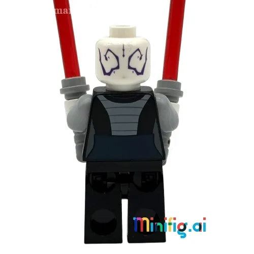LEGO Star Wars Asajj Ventress sw0318: Detailed minifig photos. Bald head, pale skin, dark markings. Black Sith attire. Dual red lightsabers. #LEGOStarWars #CloneWars #SithAssassin