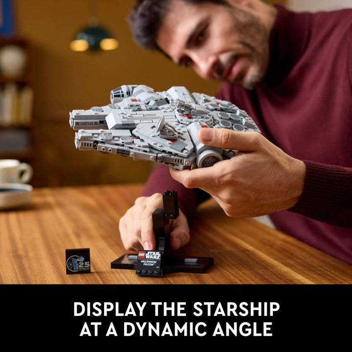 LEGO Star Wars 75375: Ultimate Millennium Falcon display! Mid-scale model, authentic details, and angled stand. Celebrate 25 years of LEGO Star Wars in style.